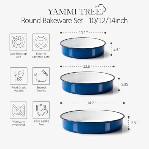 3-Pack Enamel Roasting & Baking Pan Set 10/12/14 Inch Round Cake Pans, High Temperature Resistant Baking Dishes for Turkey Pizza Casseroles Oven Bakeware PFOA & PTFE Free Ideal Gift for Mom - CookWare