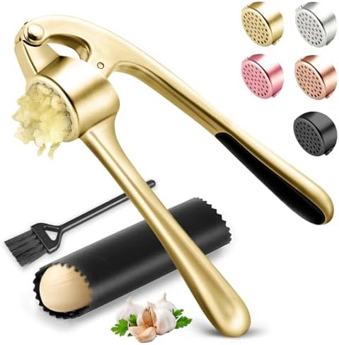 Kitchen Garlic Press, Rust Proof & Dishwasher Safe Garlic Mincer, Durable Garlic Crusher Set with Peeler＆Brush, Easy to Clean and Squeeze, Gold