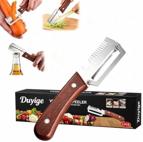 3-in-1 Vegetable Peeler with Scallion Shredder & Bottle Opener, Professional Stainless Steel Potato Peeler with Ergonomic Wood Handle, Rust-Resistant & Heavy Duty Kitchen Tool (1)