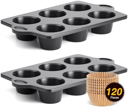 HONGBAKE Nonstick Jumbo Muffin Pan, 2 Pack Large Cupcake Tin with 120pcs Muffin Liners, Cup Cake Tray for Baking, 3.5dia, 6 Cup, Premium, Extra Thick