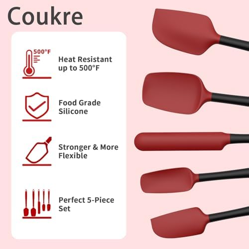 Coukre Silicone Spatula Set of 5,High Temperature Resistant, Food Grade Silicone, Dishwasher Safe, for Baking, Cooking (Red Black)