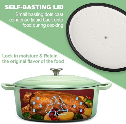 E-far 7QT Oval Dutch Oven Pot with Lid, Green Enameled Cast Iron Dutch Oven