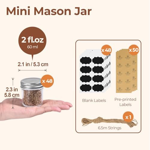 ComSaf 2 oz Mini Mason Jars Bulk Set, 48 Pack Glass Jars with Lids
