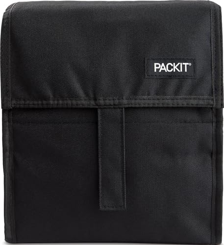 PackIt Freezable Lunch Bag, Black, Built with EcoFreeze Technology, Foldable, Reusable, Zip and Fold Closure with Buckle Handle, Perfect for School and Office Lunches
