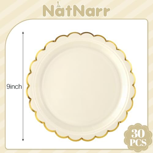 NatNarr 30 Pk Ivory Paper Plates 9" Scalloped Cream Plates with Gold Rim