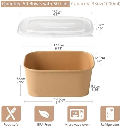 50 Sets 33 oz Disposable Kraft Paper Bowls with Lids - Rectangle