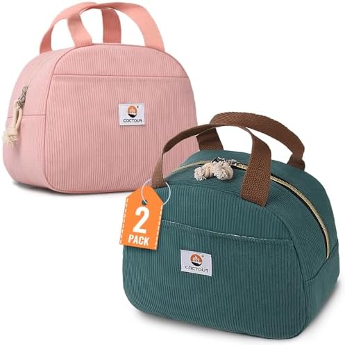 CaCTOUR Lunch Box for Women Girls Teens,Cute Lunch Box Cooler Bag, Portable Insulated Small Lunch Bag Women Reusable Corduroy Lunch Tote for Work/Travel/Picnic/School (Light Pink/Lake Green,Small)