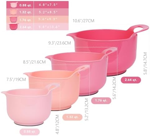 BoxedHome 4 Pack Nesting Mixing Bowl with Pour Spout and Handle, BPA free Microwave & Dishwasher Safe(Pink Gradient, 4 Pack with Handle)