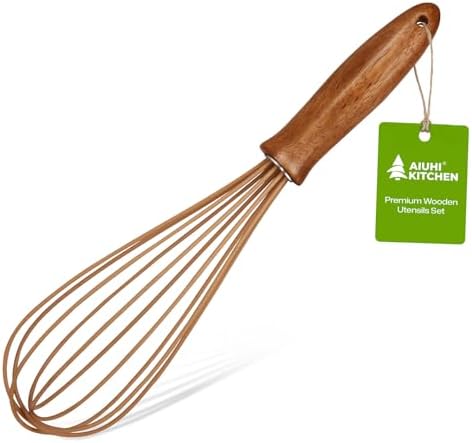 AIUHI Silicone Whisk with Wood Handle, 11.2" Balloon Egg Beater, Lightweight Kitchen Whisk for Blending Batter, Cream & Sauces