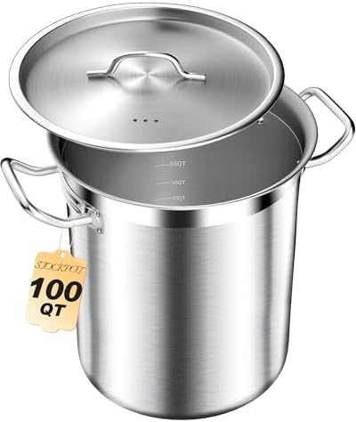 STOCKPOT Extra-Large Stainless Steel Stock Pot – Commercial Heavy Duty Soup Pot with Lid, 3-Ply Base for Fast Heating, Ideal for Seafood Boils and Outdoor Cooking - 100 Quart
