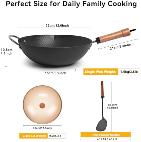WANGYUANJI Carbon Steel Wok with Lid, 12.6" Hammered Stir Fry Pan with Helper Handle & Iron Spatula, Thickened Heavy Duty Flat Bottom Wok for Induction, Electric & Gas Stoves, Metal Utensil Safe