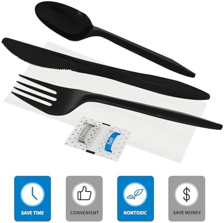 50Pack Plastic Cutlery Packets, Knife Fork Spoon Napkin Salt Pepper Sets, Individually Wrapped Black Plastic Cutlery Packets for Delivery, Cafeterias, Restaurants