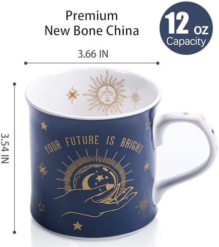 Blue Celestial Coffee Mug, "Your Future is Bright" Inspirational Theme Ceramic Mug, 12 oz New Bone China Mug with Tarot Symbols of Sun, Moon & Stars, Designed in England by Harvest Green Studio