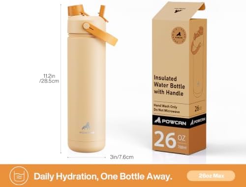 POWCAN 26 oz Insulated Water Bottle with 2-in-1 Straw and Spout Lid, Keep Cold 24H, Leak-Proof, Fits in Car Cup Holder, Stainless Steel Water Bottle for Sports, Travel, and School (Orange)