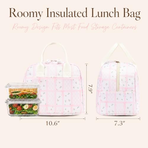 LOVELYWIND Lunch Box for Women, Insulated Lunch Bag, Pink Checkered Tote