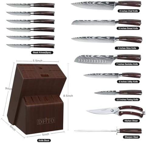 Dfito Kitchen Knife Set, 15 Pieces Knife Set with Block and Sharpener