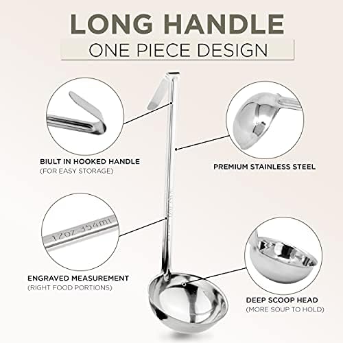 Fit Meal Prep Stainless Steel Soup Ladle - One-Piece Sauce Spatula with Hook Handles, Commercial Grade Serving Spoon, Kitchen Tool for Restaurant or Home Cooking, 14.75” Long - [Pack of 2] 12 Oz