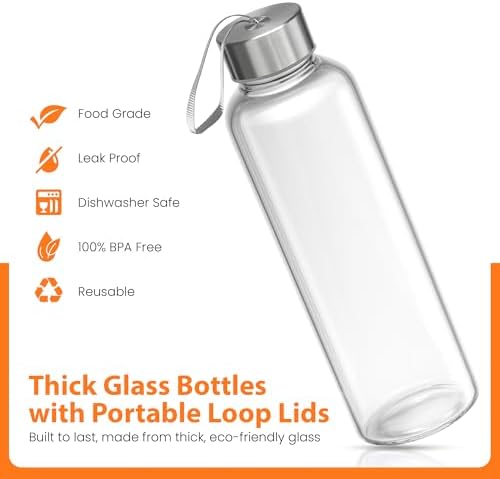 Epica Clear Glass Bottles with Lids, 18 oz Water Bottles, Loop Caps