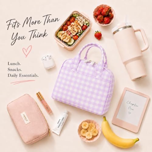 LOVELYWIND Lunch Bag for Women, Insulated Lunch Box, Purple Gingham Tote