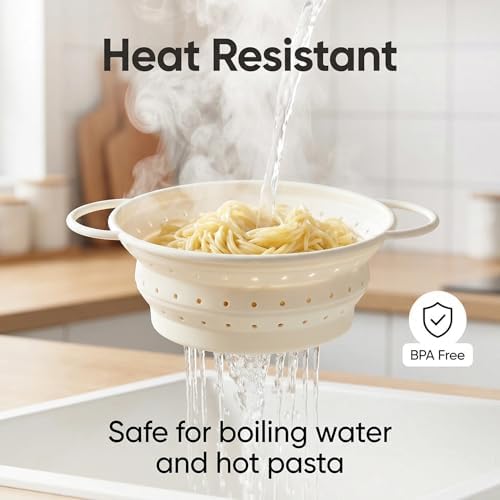 Collapsible Silicone Colander with Handles, Round Strainer with Stainless Steel Rim, Space Saving Kitchen Tool for Fruits & Vegetables,BPA-Free,Heat-Resistant Pasta Drainer (White, S)