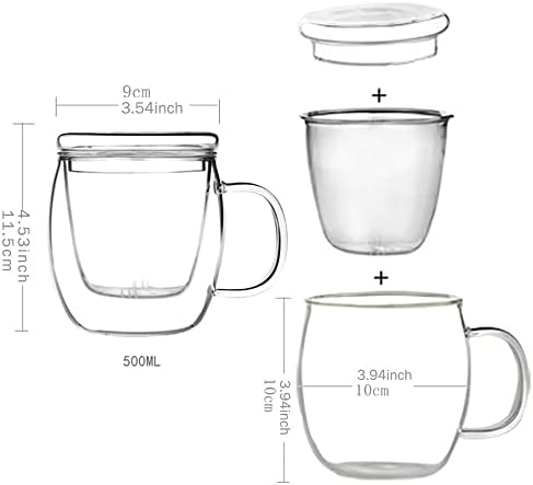 Glass Tea Cup with Infuser and Lid, 17 oz Clear Loose Leaf Tea Infuser Mug