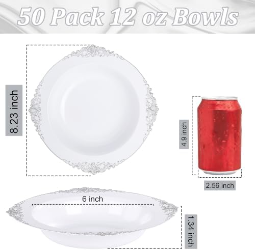 Nervure 50PCS White Plastic Bowls with Silver Rim 12oz Disposable Soup Bowl