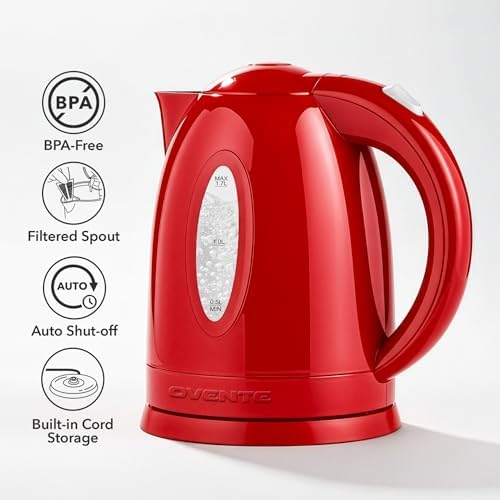 OVENTE 1.7L Electric Tea Kettle, 1100W BPA-Free Water Boiler, Red KP72R