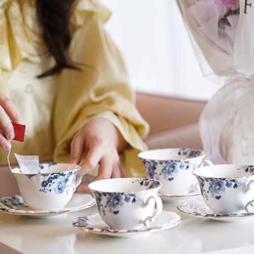 Ceramic Tea Cups Coffee Cup and Saucers Set of 4 (Blue and White)