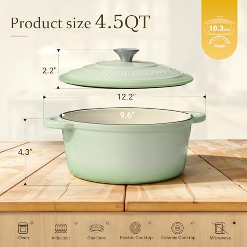 Overmont Enameled Cast Iron Dutch Oven - 4.5QT Pot with Lid Cookbook & Cotton Potholders - Heavy-Duty Cookware for Braising, Stews, Roasting, Bread Baking Verdant