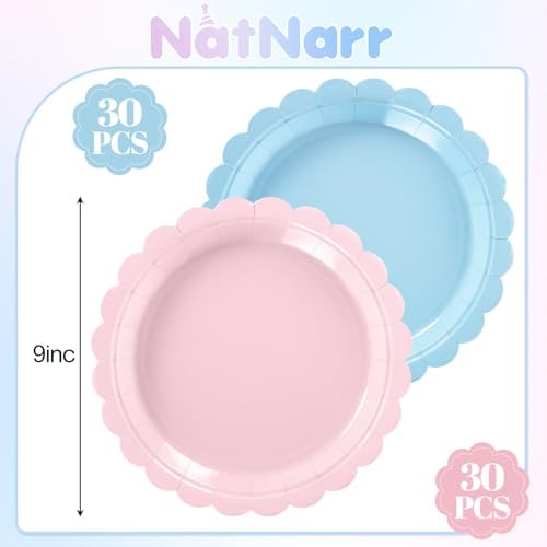 NatNarr 30 Pcs Gender Reveal Plates 9 Inch Disposable Scalloped Pink and Blue Plates Cute Dessert Cake Dinner Plate for Baby Shower, 1st Birthday (Pack of 3)