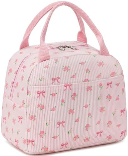BTOOP Lunch Box for Women Men Cute Corduroy Lunch Bags Large Capacity Insulated Lunch Tote Bag For Work Travel Or Picnic (Pink Bow Floral-1)