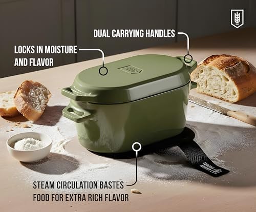 KooK Oval Dutch Oven, for Bread Baking, Sourdough Loaf Pan, Dual Handles, Enameled Cast Iron, with Sling, Dishwasher Safe, 3.4 Qt, Sage Ombre
