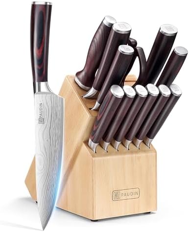 PAUDIN Kitchen Knife Set with Block, 14 Pieces Knife Sets for Kitchen with Block, High Carbon German Stainless Steel Sharp Chef Knife Set with Ergonomic Pakkawood Handle