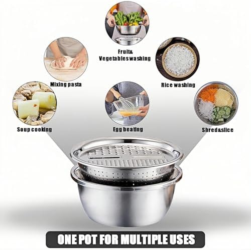 Multifunctional Stainless Steel Basin, Germany 3 In 1 Grater Strainer Vegetable Cutter with Drain Basket Salad Maker Bowl for Kitchen 10.5 inch