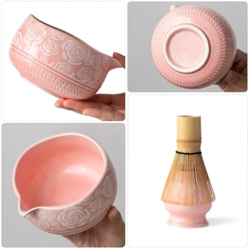Buucup Matcha Whisk Set, Ceramic Matcha Kit with Bowl & Tools, Rose Pink