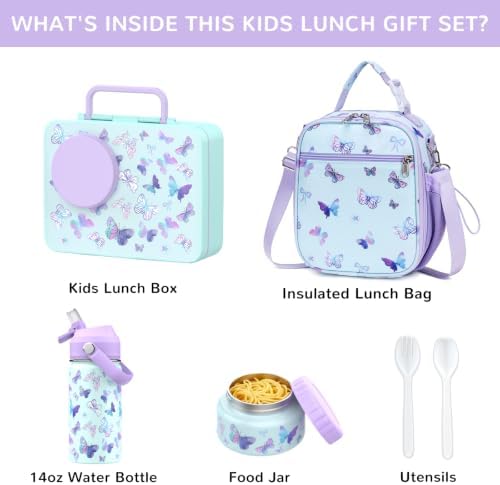 Bento Lunch Box with Food Jar, Water Bottle, Lunch Bag, Butterfly