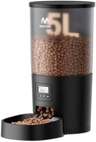 IMIPAW Automatic Cat Feeders, 5L Large Capacity, Timed Feeding Dry Food, Dual Power Design, Programmable Portion Size, 1-6 Meals Per Day, with Desiccant, Suitable for Small Pets Food Dispenser, Black