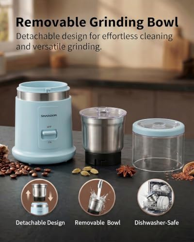 SHARDOR Quiet Coffee Grinder Electric, 70g Removable Bowl Spice Grinder for Coffee Beans, Seeds and Grains, Super Silent Grinding Mill with 60dB Low Noise, 2.5oz Capacity, Blue
