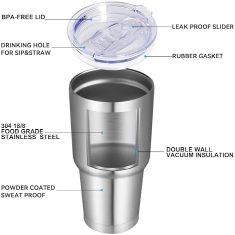 DOMICARE 30oz Tumbler Bulk with Lid and Straw, Double Wall Travel Coffee Mug, Insulated Vacuum Stainless Steel Tumblers, Powder Coated Tumbler Cup (Stainless Steel, 8)