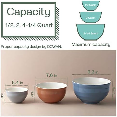 DOWAN Mixing Bowls Set of 3, 4.25/2/0.5 Qt Ceramic Mixing Bowls, Easy-Grip & Stability Design, Mixing Bowls for Kitchen, Nesting Bowls for Space Saving Storage, Versatile for Cooking, Baking, Prepping
