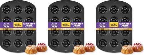 Wilton Gold Premium Non-Stick Warp-Resistant Bakeware, Made without PFAs, Mini Fluted Tube Pan,12- Cavity, 16.5 x 11.2 in, Packaging May Vary (Pack of 3)