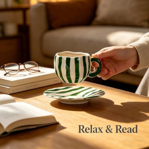 Espresso Cups Ceramic Coffee Mug Series European Striped Dot Coffee Cup And Saucer Mug Cake Plate Afternoon Tea Set Tea Cup And Saucer (Green 4)