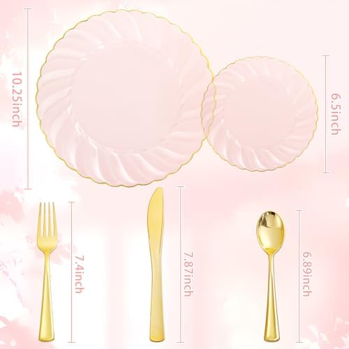 YOUBET 125Pieces Clear Pink Plastic Plates with Gold Rim - Gold Plastic Silverware Include 25 Dinner Plates 25 Dessert Plates 75 Golden Silverwares for Wedding Birthday & Parties Easter Mothers Day