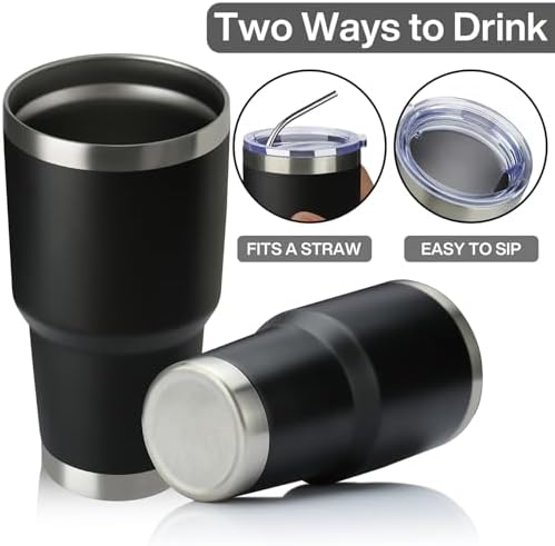 MEWAY 30oz Insulated Tumbler With Lids and Straws,Stainless Steel Double Vacuum Coffee Tumbler Cup, Brush, Durable Powder Coated Coffee Cup for Cold & Hot Drinks, Office, Travel(Black,4 PACK)
