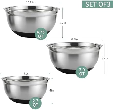 3-Piece Black Stainless Steel Mixing Bowls Set with Non-Slip Silicone Base