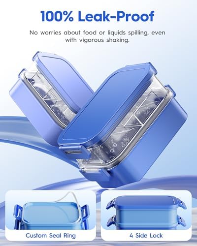 Adults Bento Box with Insulated Lunch Bag, 74oz Capacity 3 Stackable Leak-Proof Bento Box Built-In Utensil and Sauce, PFAS & BPA-Free, Microwave & Dishwasher Safe (Ocean Blue)