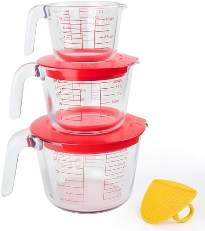 6 Pcs Glass Measuring Cups, 1-Cup (No Lid), 2-Cup/4-Cup with Lids