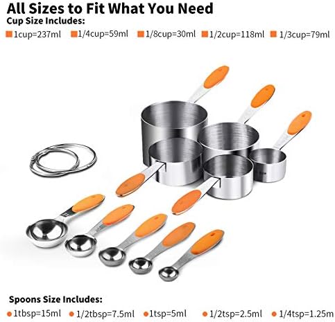 U-Taste Measuring Cups Spoons Set, 18/8 Stainless Steel, 10Pcs, Orange