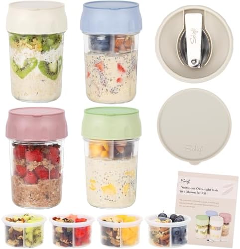SOLIGT 4 Pack Overnight Oats Containers with Lids, Folding Spoons and Divided Compartments for Fruit & Nuts, Small Glass 16oz Mason Jars for Oatmeal (4 Set-Oat White/Green/Rose/Blue)