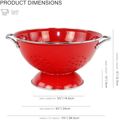Reston Lloyd, 3 Quart Powder Coated Steel Kitchen Strainer Basket for draining Pasta, Vegetable and Fruit, Chrome Handles and Wide Stable Base, Red